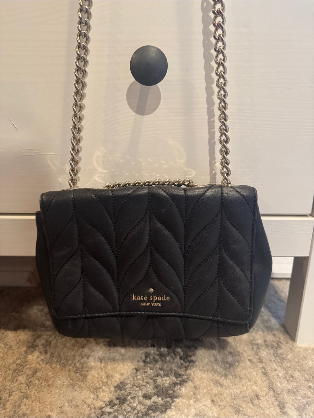 kate spade Black Quilted Leather Crossbody with Silver Chain
